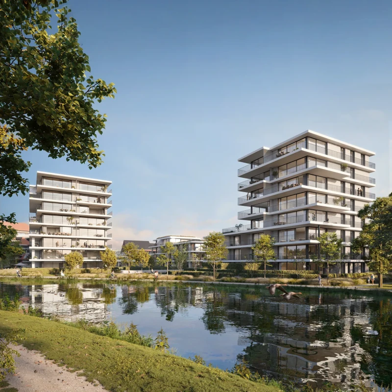 Modern project in Deinze met 4 appartementen: 1 penthouse, 2 standaard, 2 slaapkamers, 56 m&sup2; woonoppervlak, ideaal voor compacte gezinnen.